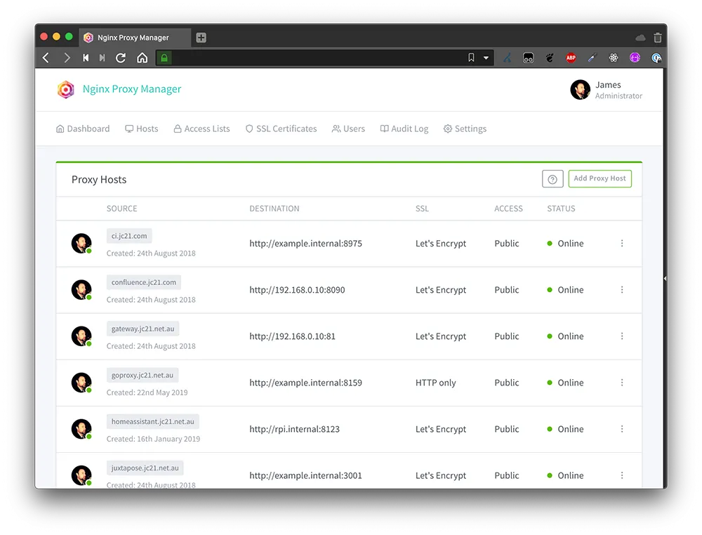 Màn hình quản lý Proxy Hosts của Nginx Proxy Manager hiển thị các tên miền đang sử dụng reverse proxy