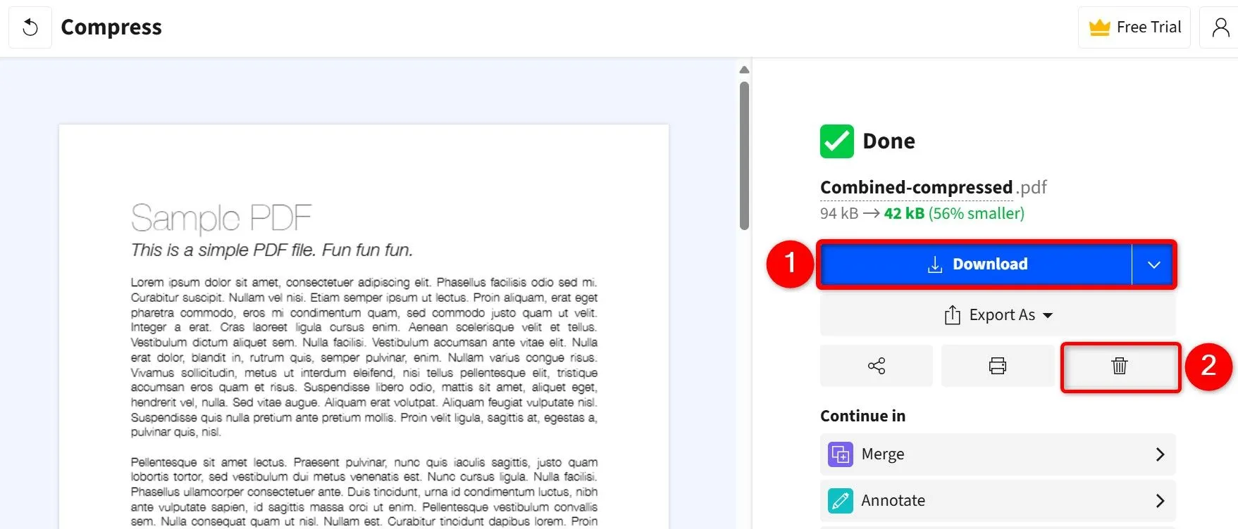 Màn hình Smallpdf sau khi nén thành công, với nút &quot;Download&quot; để tải file PDF đã nén