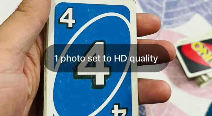 Màn hình xem trước ảnh trên WhatsApp hiển thị thông báo xác nhận chất lượng HD đã chọn
