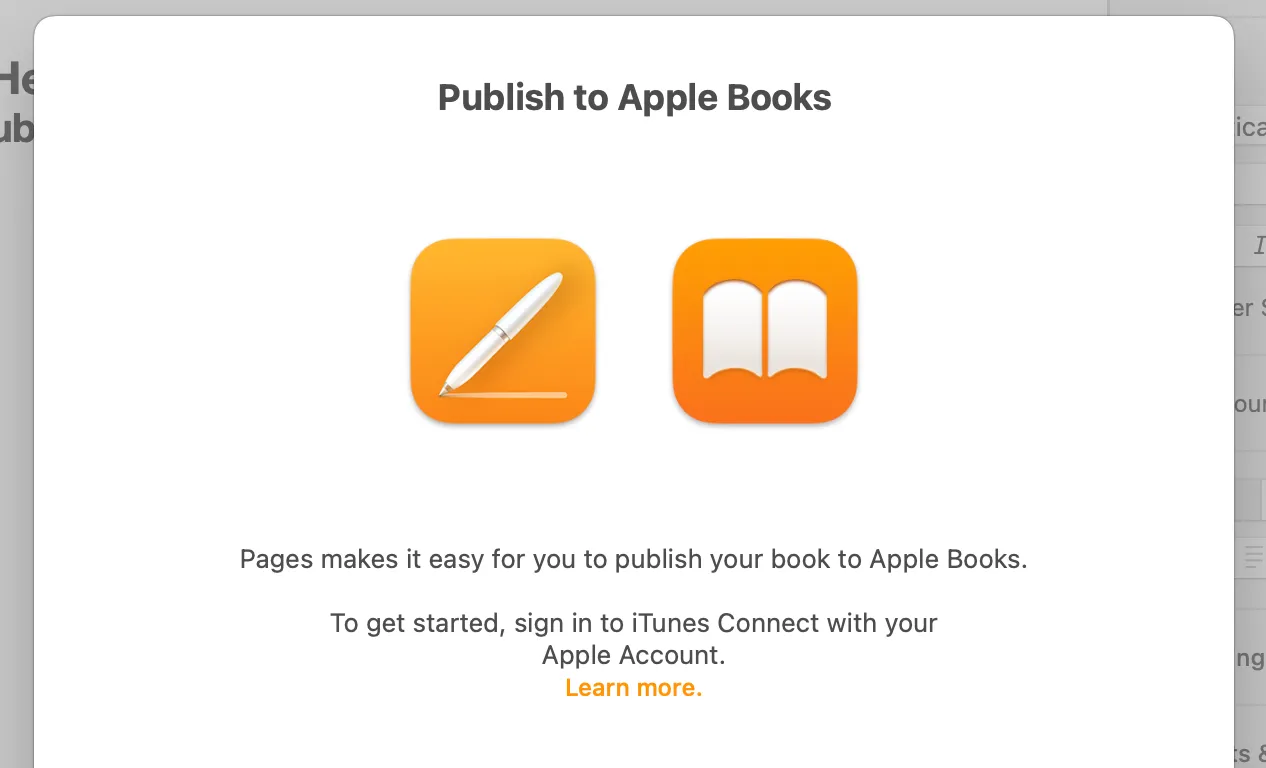 Màn hình &quot;Xuất bản lên Apple Books&quot; trong ứng dụng Pages trên Mac, minh họa khả năng xuất bản ebook trực tiếp.