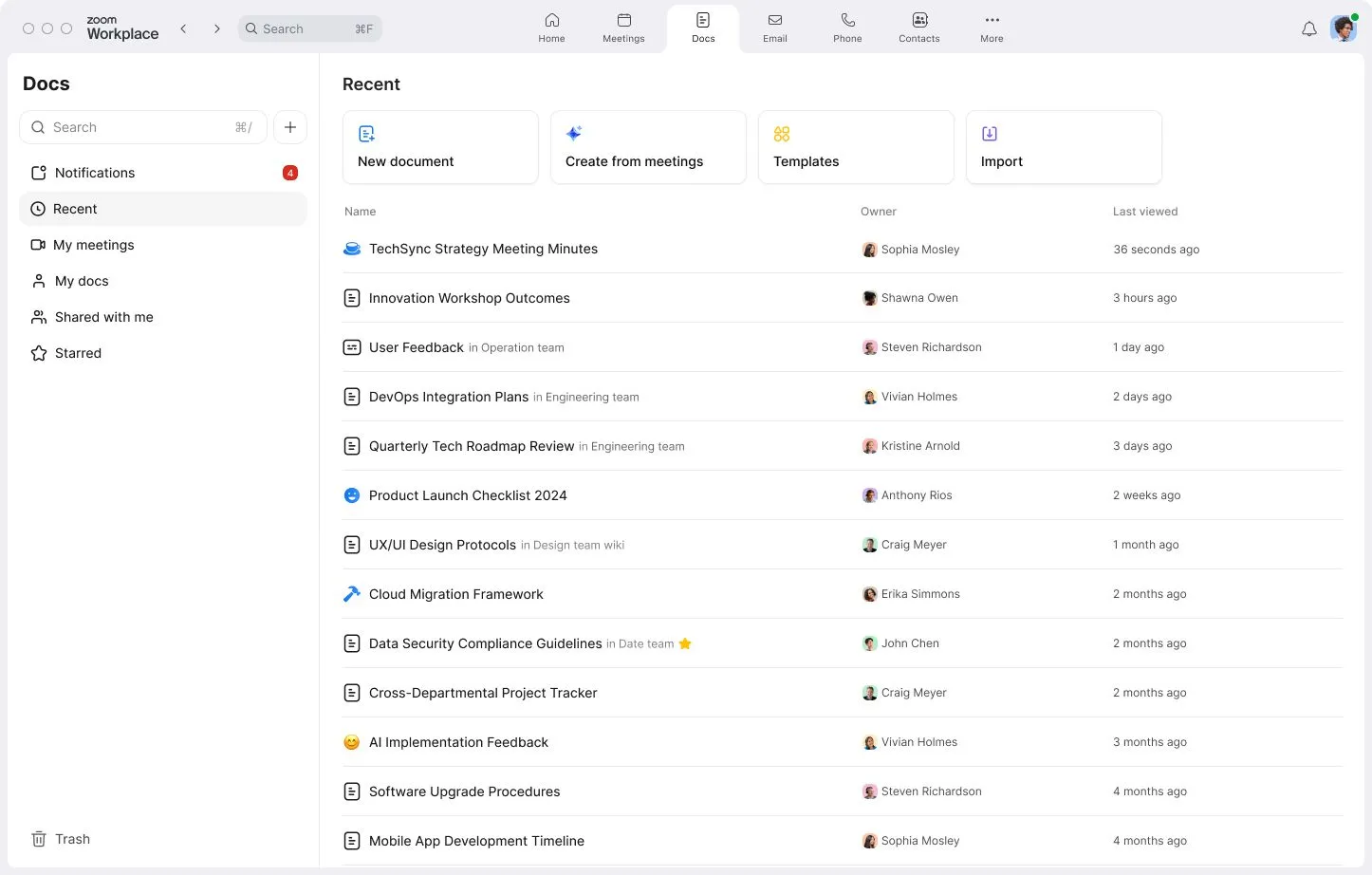 Màn hình Zoom Workplace với tab Docs đang mở, hiển thị giao diện tạo và quản lý tài liệu Zoom Docs.