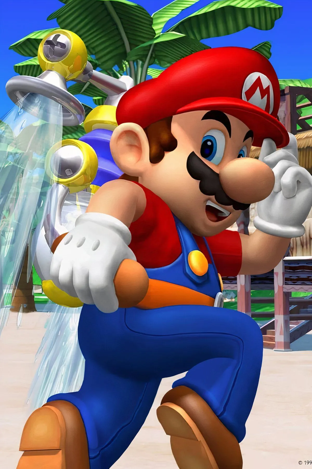 Mario sử dụng F.L.U.D.D. trên hòn đảo nhiệt đới trong Super Mario Sunshine, game platformer cổ điển