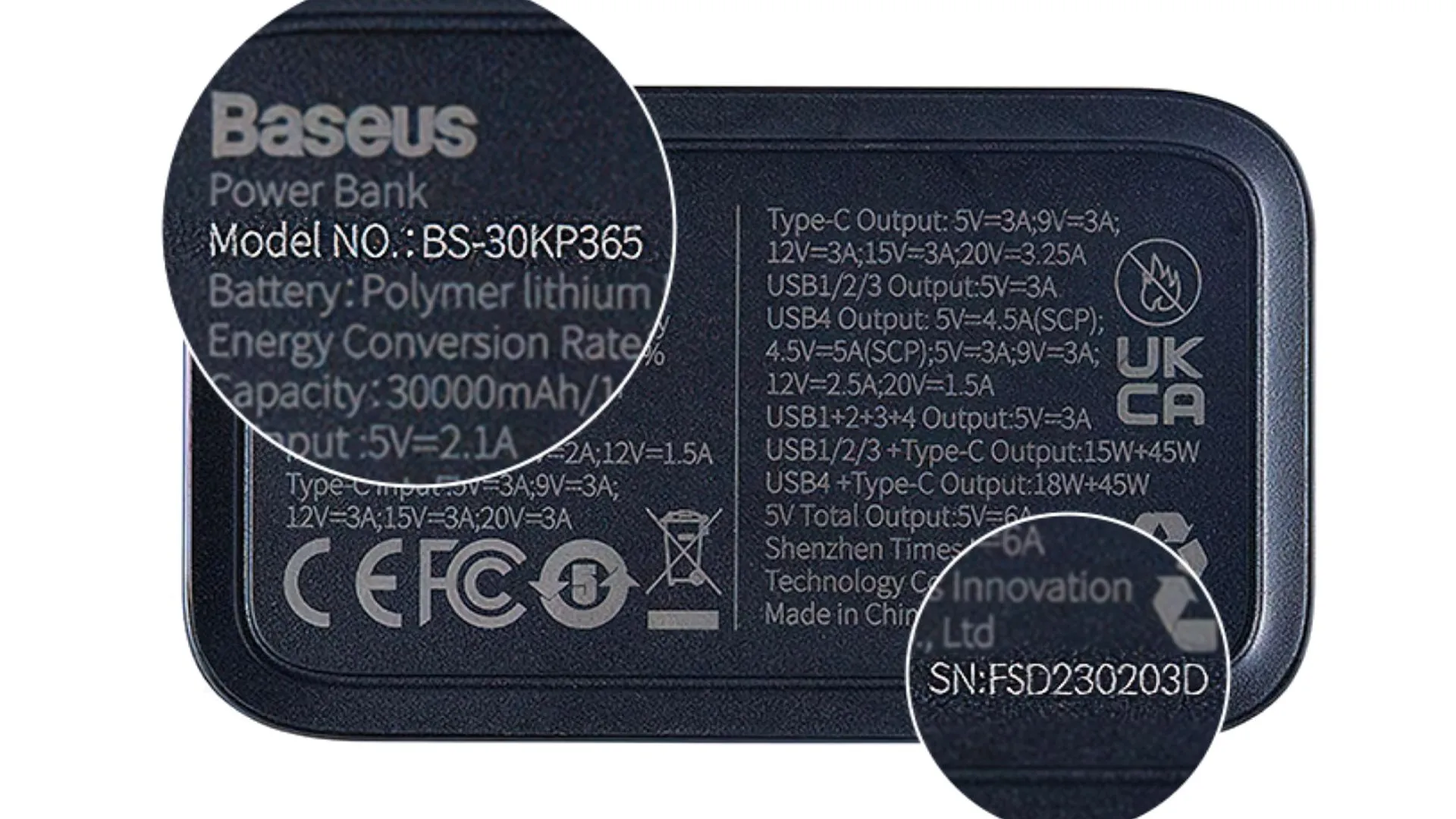 Mặt đáy sạc dự phòng Baseus BS-30KP365 với số model và số serial được đánh dấu để nhận diện sản phẩm bị thu hồi.