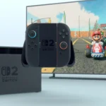 Máy chơi game Nintendo Switch 2 gắn dock và Joy-Con thế hệ mới, minh họa thiết kế tổng thể của console.