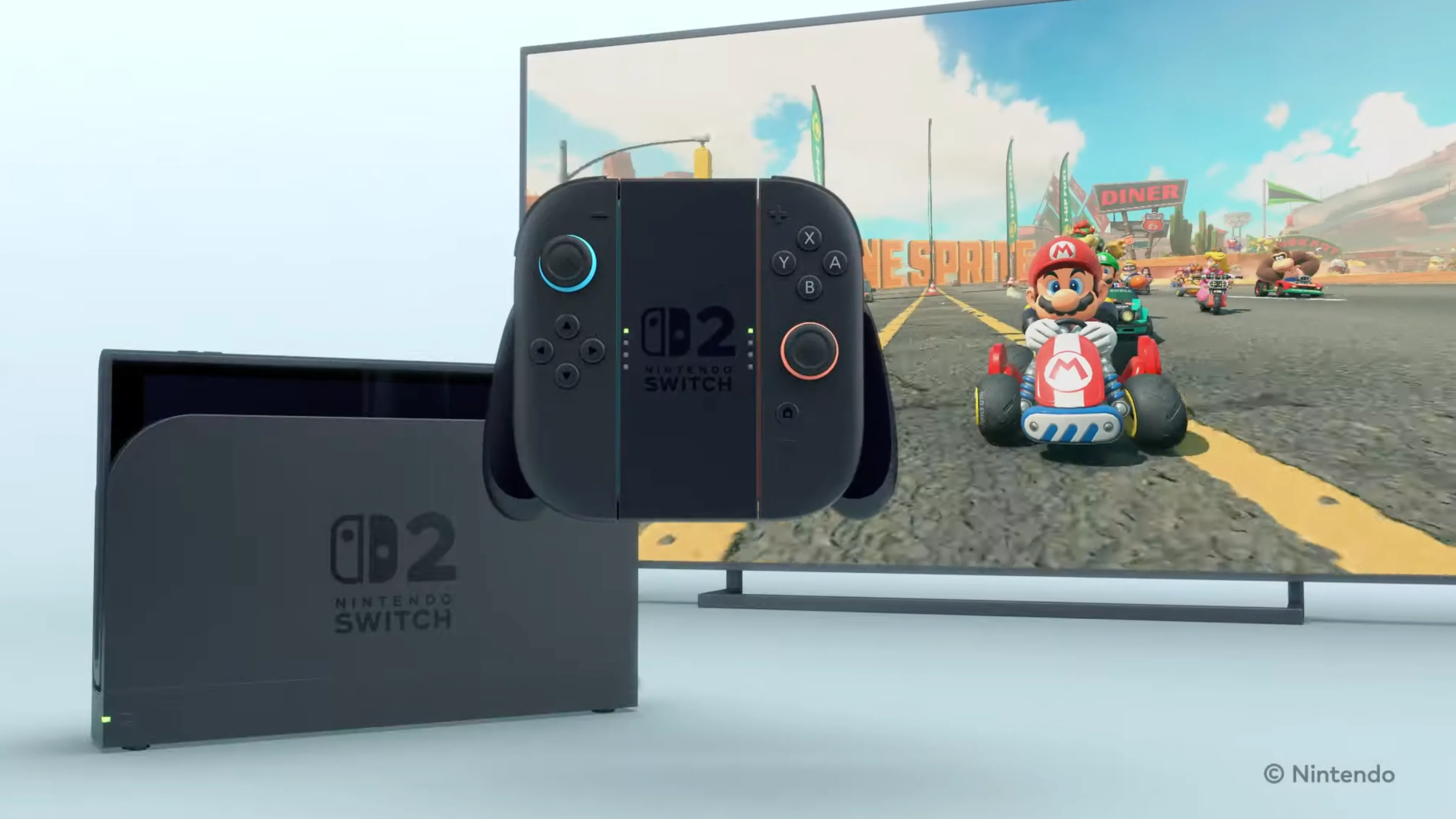 Máy chơi game Nintendo Switch 2 gắn dock và Joy-Con thế hệ mới, minh họa thiết kế tổng thể của console.