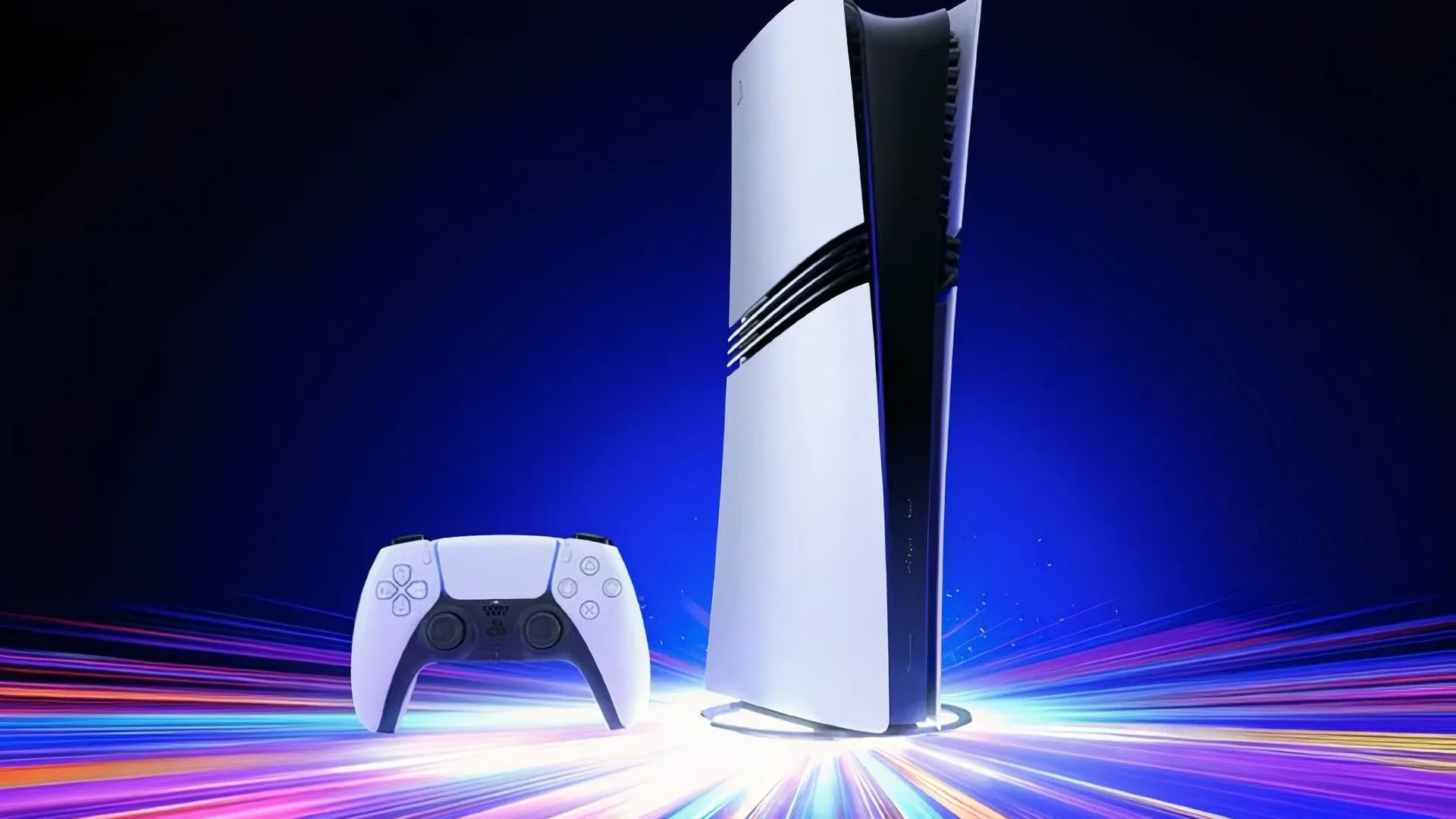 Máy chơi game PlayStation 5 Pro màu trắng đặt nghiêng với ánh sáng xanh phát ra từ bên dưới