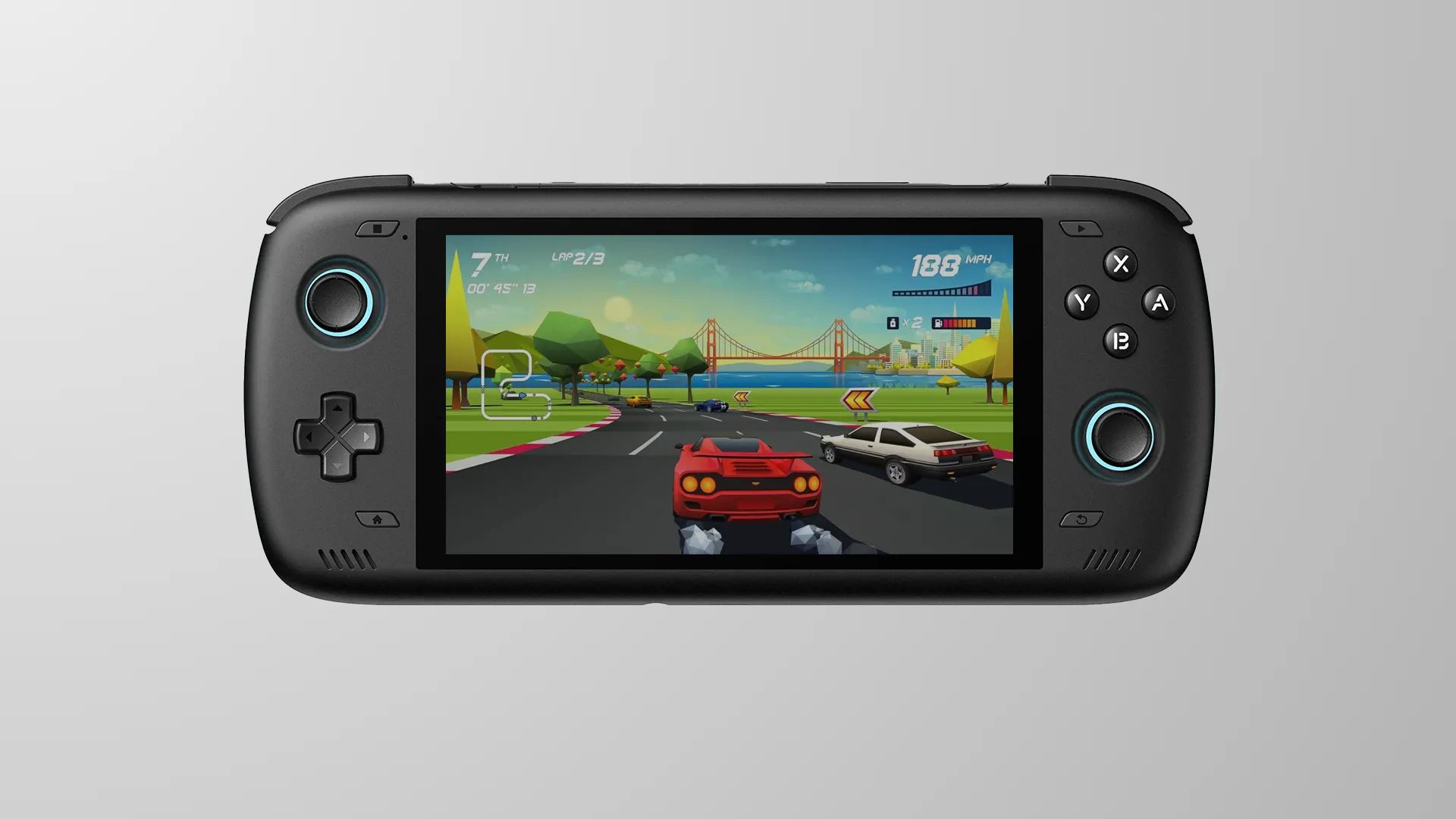 Máy chơi game retro cầm tay AYN Odin 2 trên nền xám.