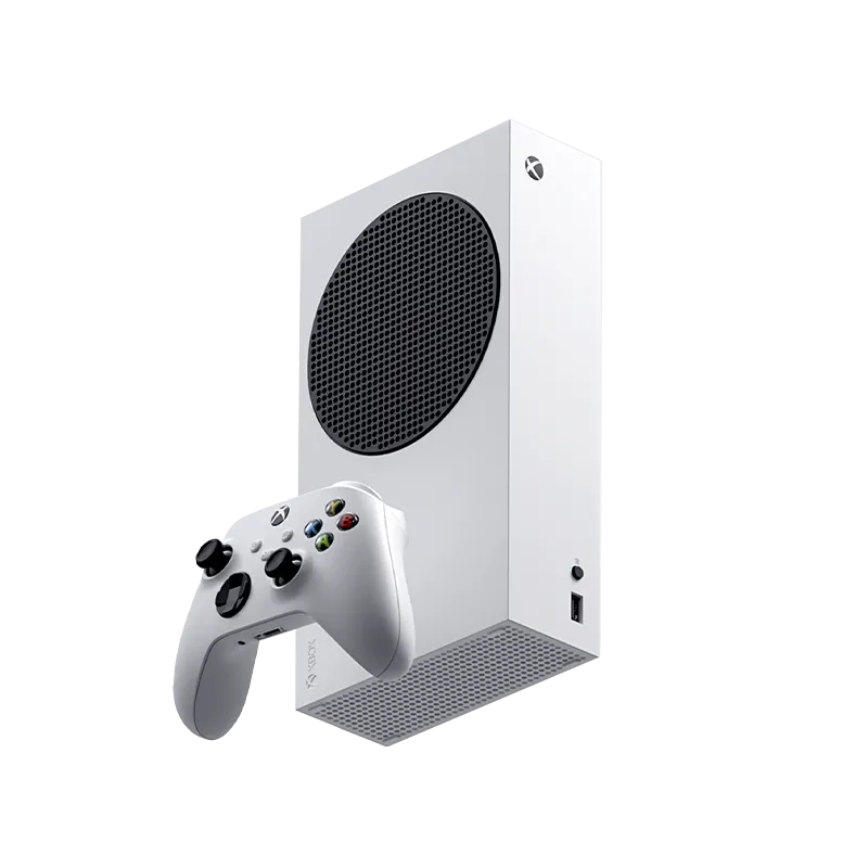 Máy chơi game Xbox Series S màu trắng kèm tay cầm điều khiển.