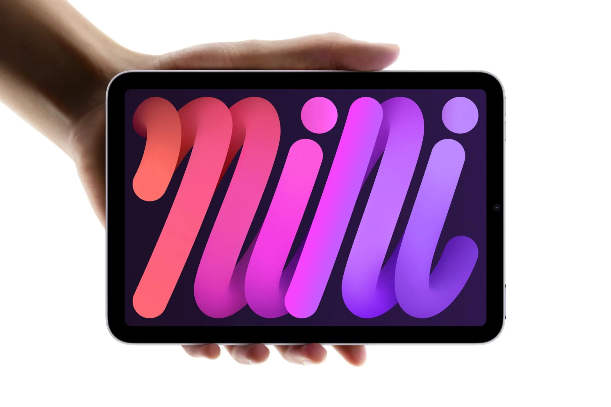 Máy tính bảng iPad Mini thế hệ thứ bảy màu tím đang hiển thị nội dung trên màn hình, nhỏ gọn tiện lợi