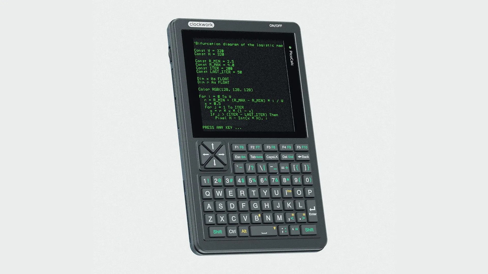 Máy tính cầm tay ClockworkPi PicoCalc màu trắng với màn hình nhỏ và các nút bấm, đặt trên nền trắng