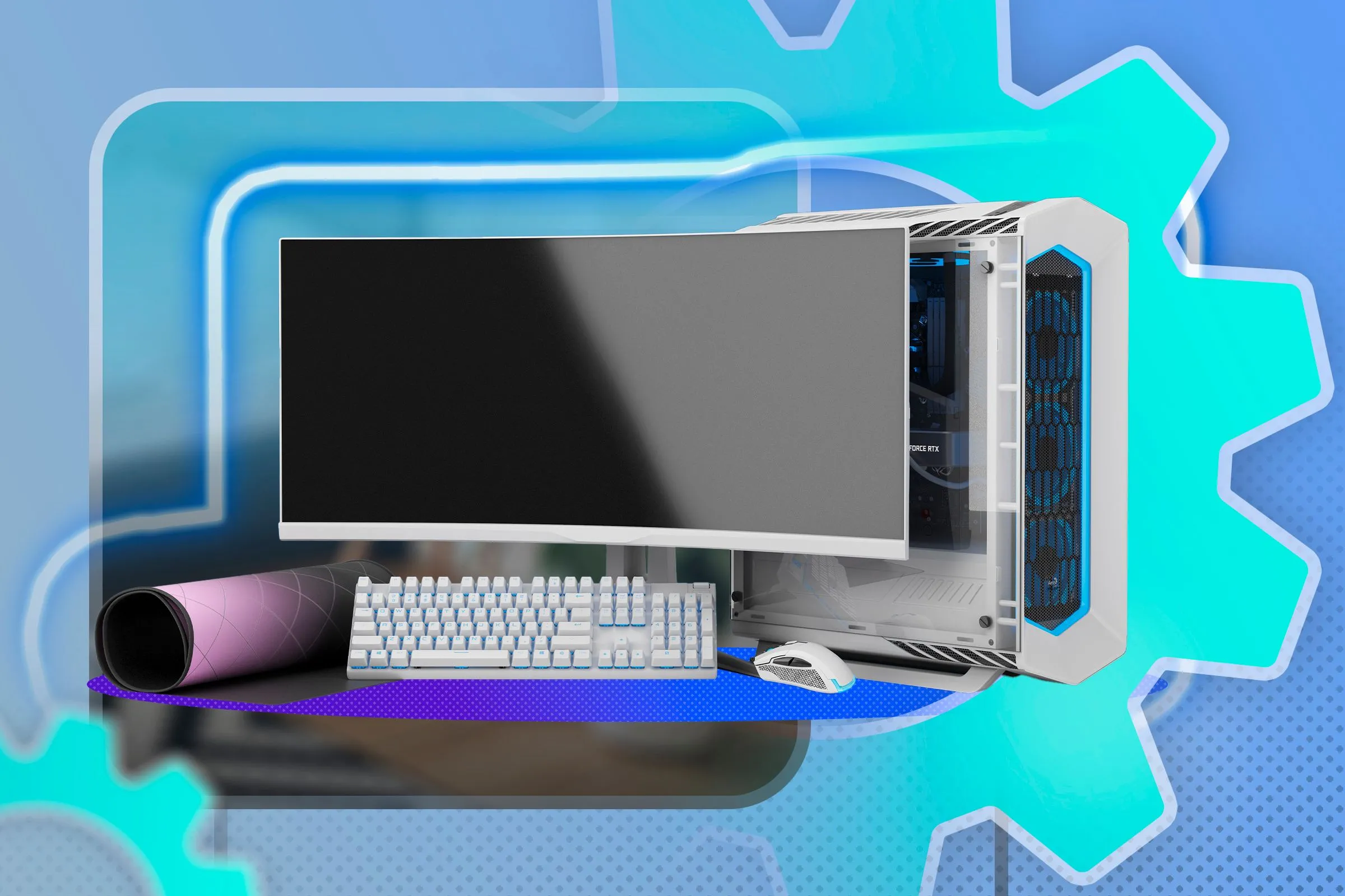 Máy tính PC chơi game với màn hình, bàn phím, chuột và biểu tượng bánh răng.