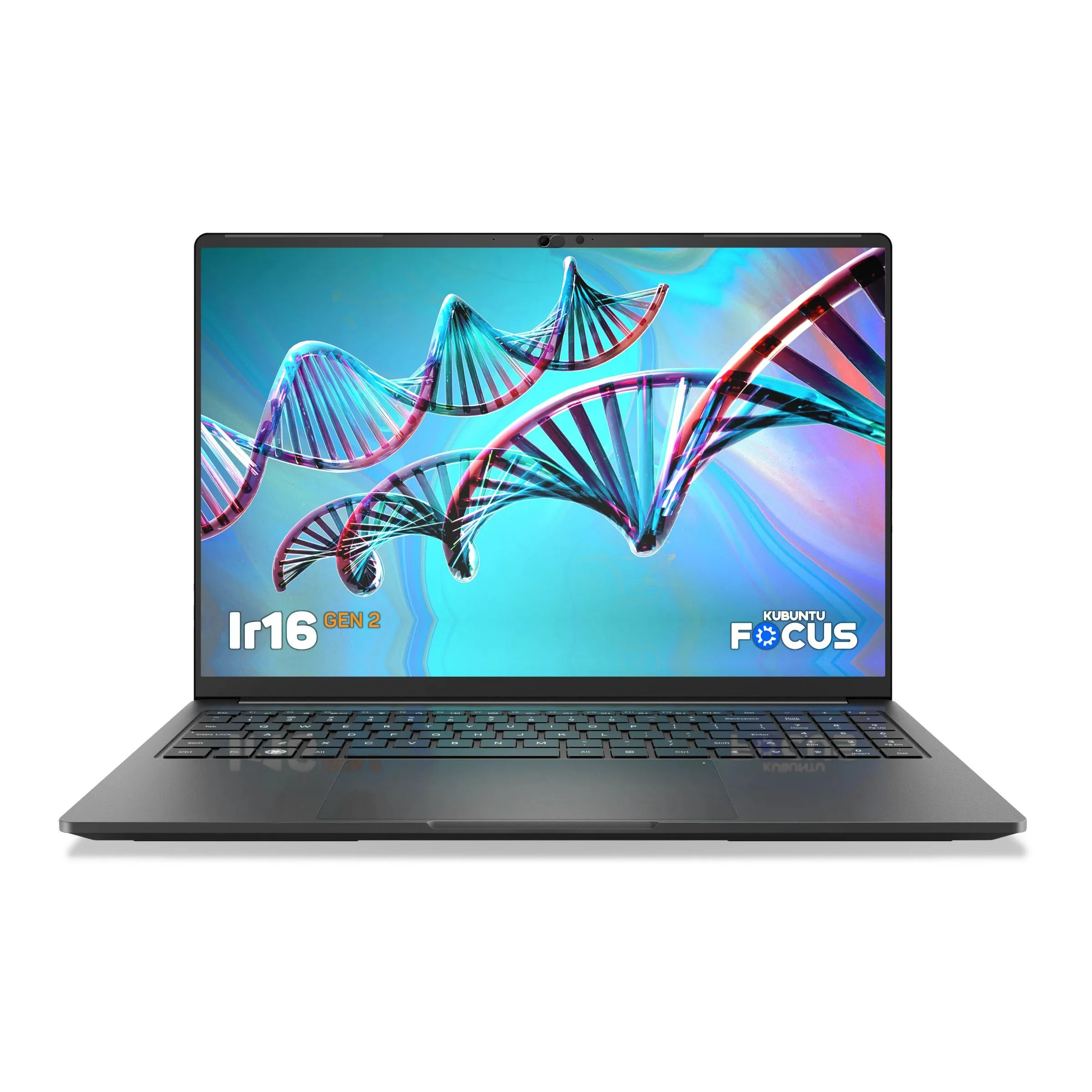 Máy tính xách tay Kubuntu Focus Ir16 Gen 2 chạy hệ điều hành Kubuntu.