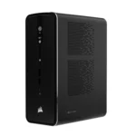 Máy trạm Corsair AI Workstation 300 nhỏ gọn màu đen trên nền trắng, nhìn từ góc cạnh.