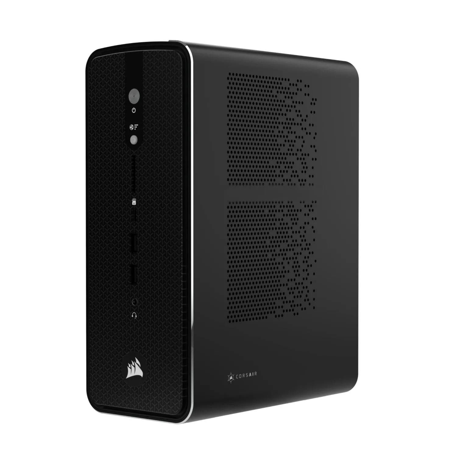 Máy trạm Corsair AI Workstation 300 nhỏ gọn màu đen trên nền trắng, nhìn từ góc cạnh.