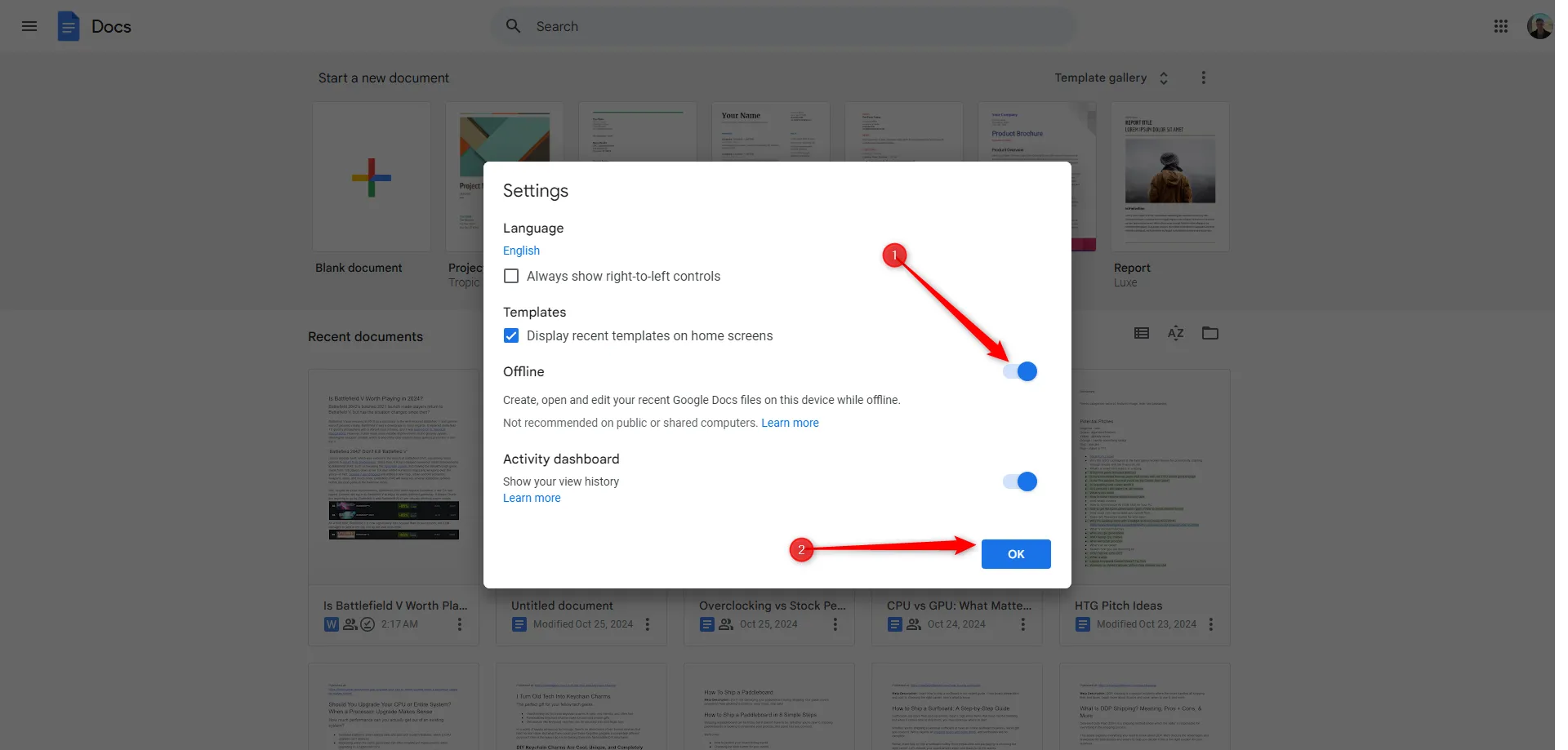 Menu cài đặt Google Docs, bật tùy chọn &quot;Ngoại tuyến&quot; để dùng offline