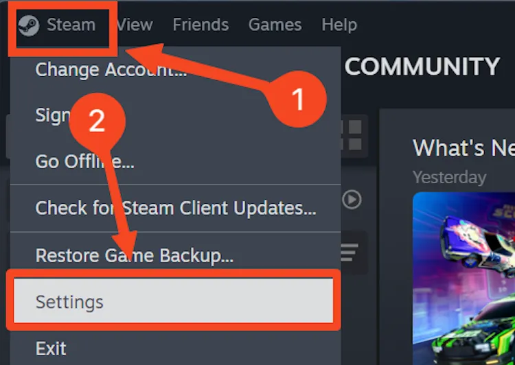 Menu Cài Đặt Steam trên máy tính PC