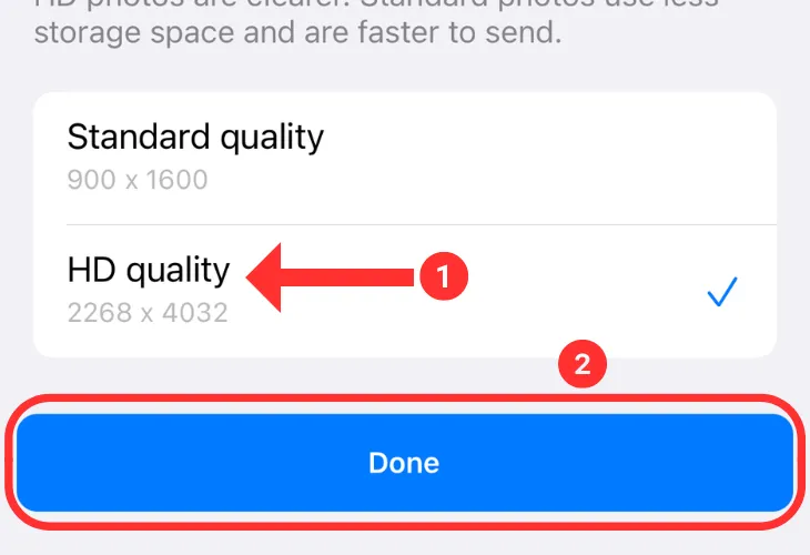 Menu chất lượng HD của WhatsApp hiển thị rõ tùy chọn chất lượng HD và nút Xong
