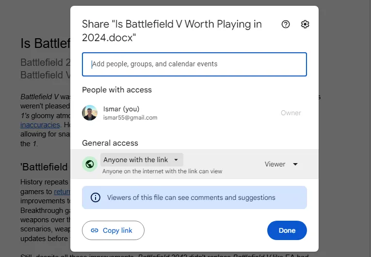 Menu chia sẻ tài liệu trong Google Docs