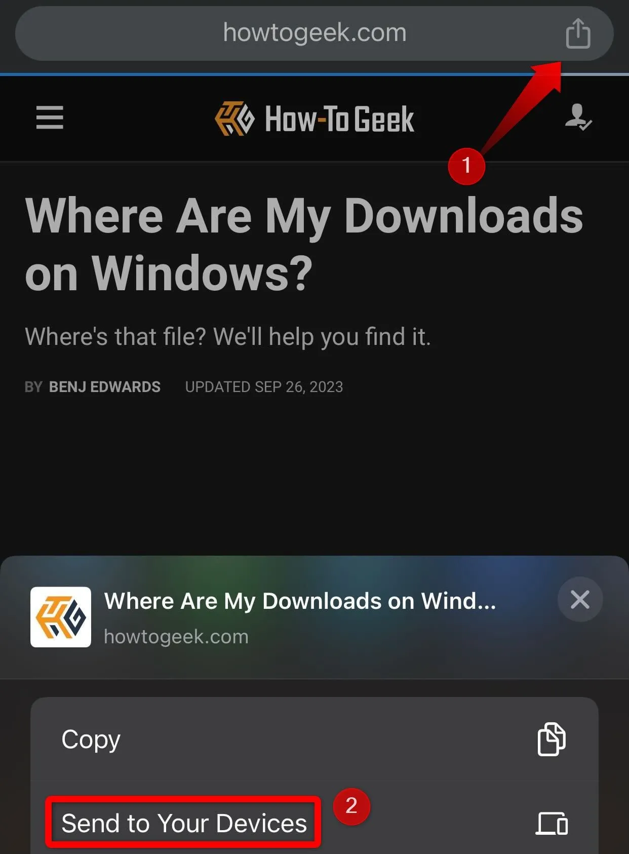 Menu chia sẻ trang web từ Chrome trên iPhone sang các thiết bị khác đã đăng nhập Google