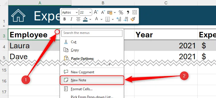 Menu chuột phải khi nhấp vào một ô trong Excel, với tùy chọn &quot;New Note&quot; được chọn để thêm ghi chú mới vào ô.