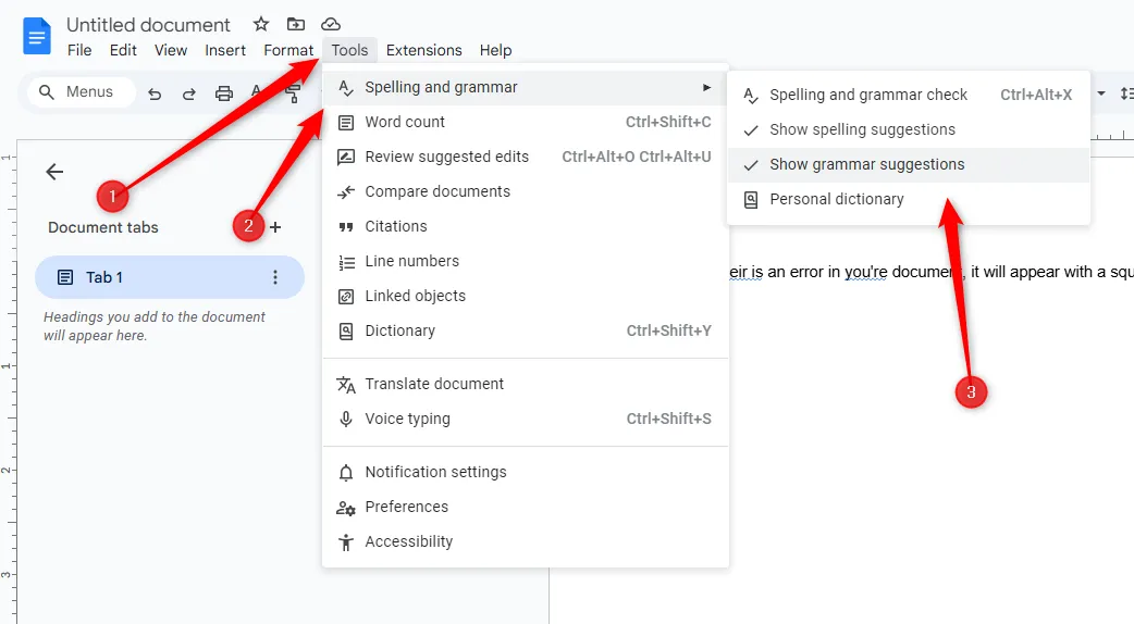 Menu &quot;Công cụ &gt; Chính tả và ngữ pháp&quot; trong Google Docs