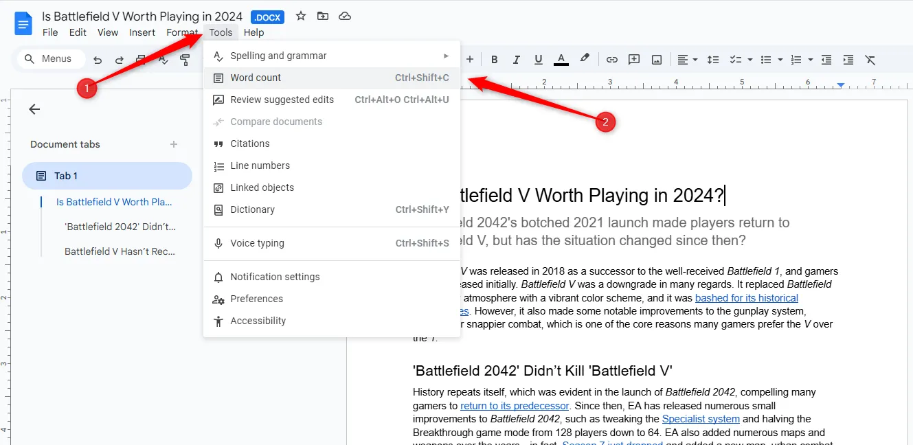 Menu &quot;Công cụ &gt; Đếm số từ&quot; trong Google Docs