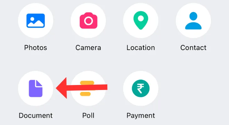 Menu đính kèm của WhatsApp hiển thị rõ tùy chọn Tài liệu