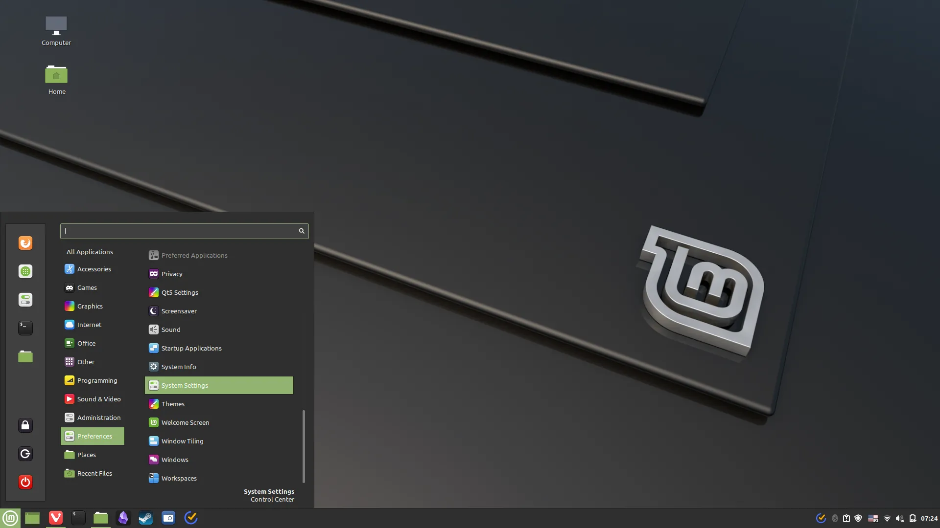 Menu khởi động và cài đặt trên môi trường desktop Cinnamon của Linux Mint, thể hiện phong cách quen thuộc