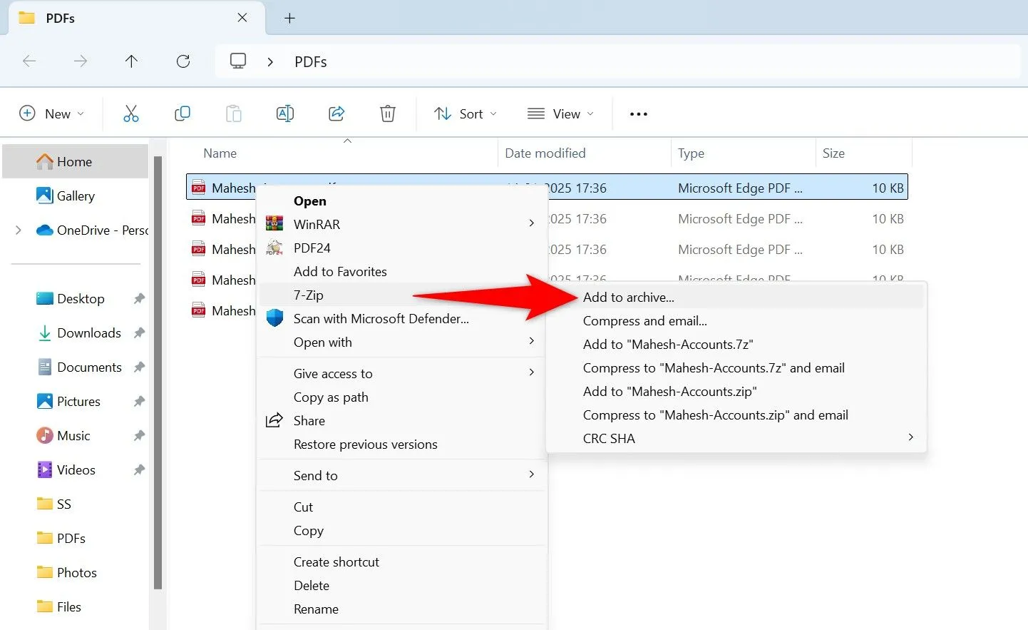 Menu ngữ cảnh chuột phải trên Windows 11 hiển thị tùy chọn &quot;7-Zip &gt; Add to Archive&quot; để tạo kho lưu trữ nén từ file PDF