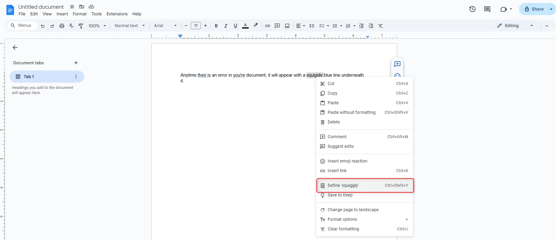Menu ngữ cảnh khi chuột phải vào từ, chọn &quot;Định nghĩa&quot; trong Google Docs