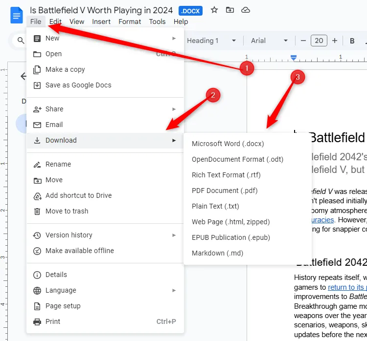 Menu &quot;Tệp &gt; Tải xuống&quot; trong Google Docs với các định dạng xuất