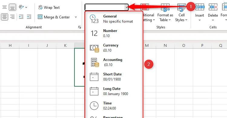 Menu thả xuống định dạng số trong nhóm Number trên thanh Home của Excel