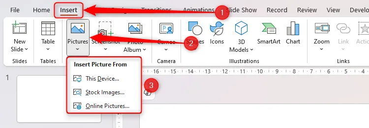 Menu thả xuống &quot;Pictures&quot; trong tab Insert của PowerPoint hiển thị các tùy chọn chèn ảnh từ nhiều nguồn khác nhau.