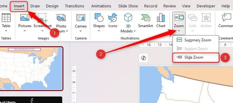 Menu thả xuống &quot;Zoom&quot; trong thẻ &quot;Insert&quot; của PowerPoint, với tùy chọn &quot;Slide Zoom&quot; được chọn để tạo hiệu ứng phóng to slide.