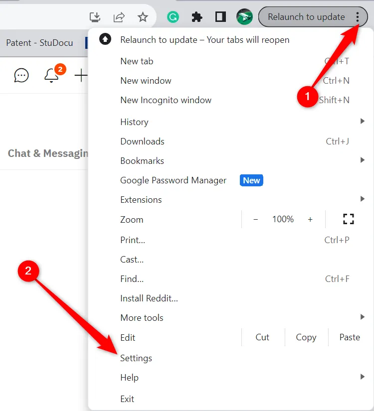 Menu trình duyệt Google Chrome với tùy chọn Cài đặt