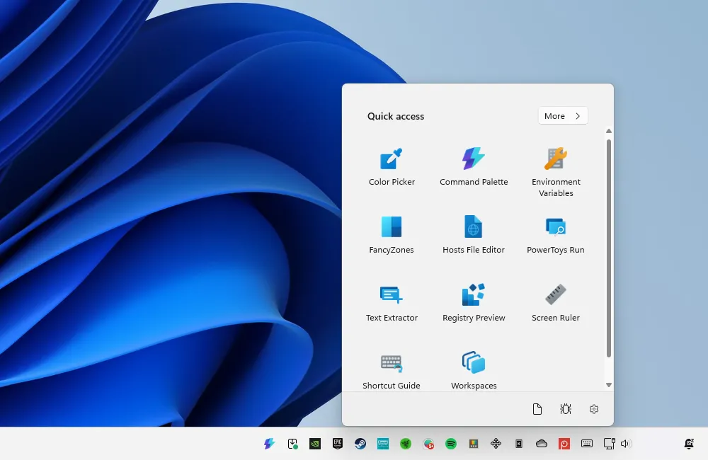 Menu truy cập nhanh các tiện ích của PowerToys trên Windows.