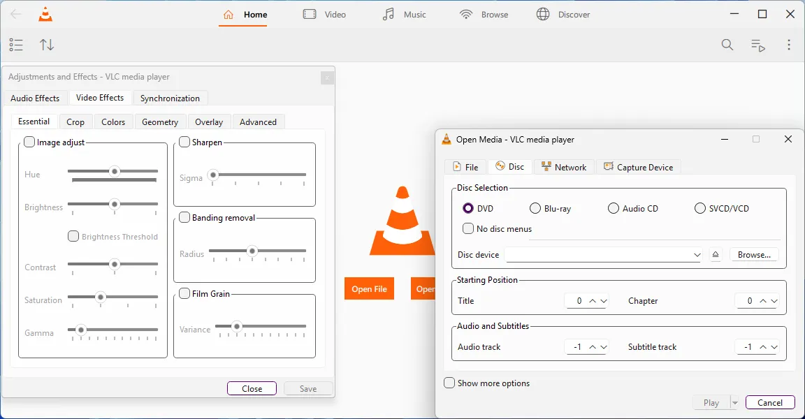 Menu tùy chọn Mở phương tiện và Hiệu ứng video trong VLC Media Player.