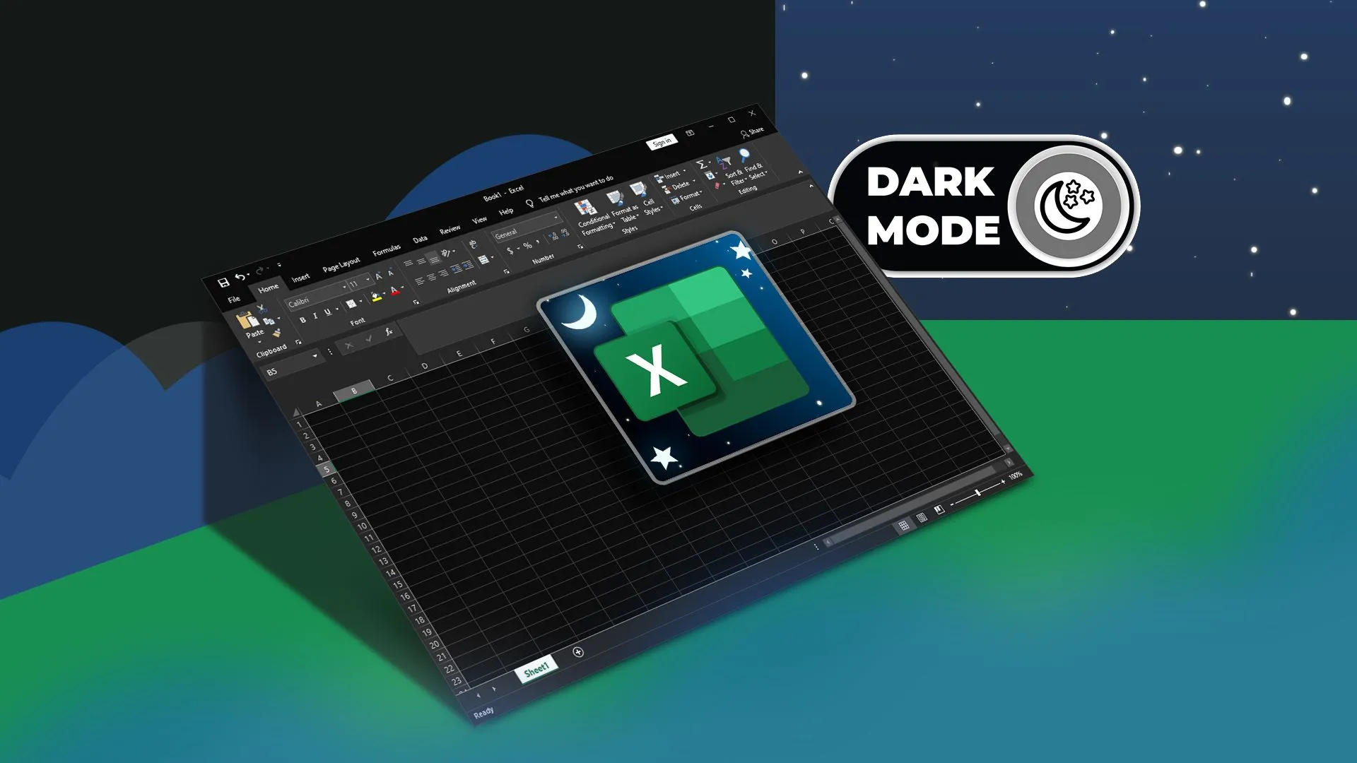 Microsoft Excel ở chế độ nền tối với nút chuyển đổi được bật và logo Excel ở giữa