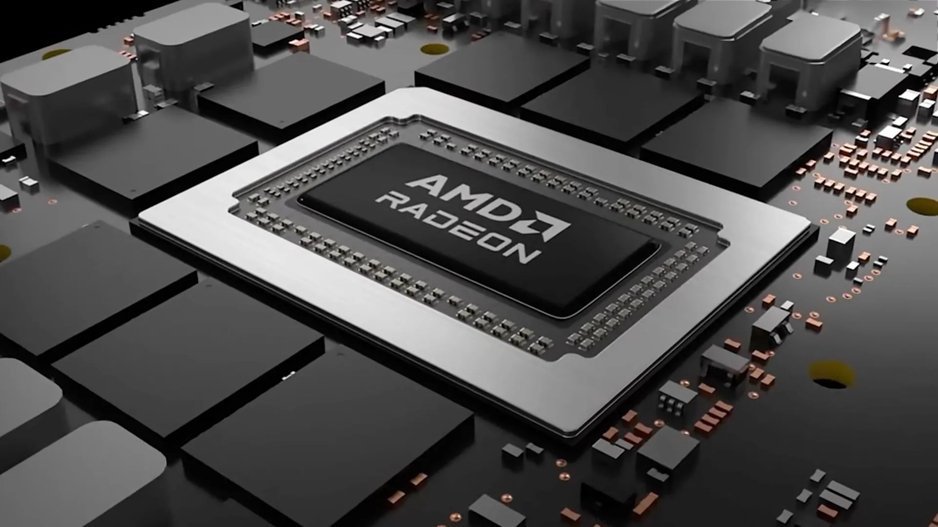 Minh họa chip AMD Radeon trên bo mạch chủ, biểu tượng cho vấn đề thiếu hụt linh kiện sản xuất console PS5 và Xbox Series X|S.