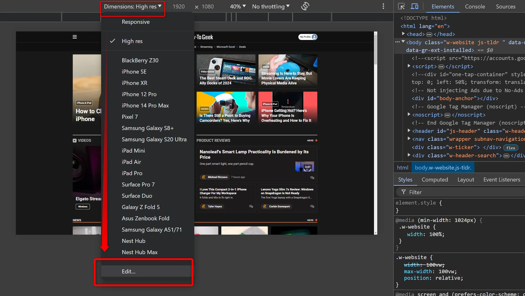 Mở công cụ Developer Tools của Chrome, chọn 'Responsive' và 'Edit' để cấu hình mô phỏng thiết bị chụp ảnh màn hình.