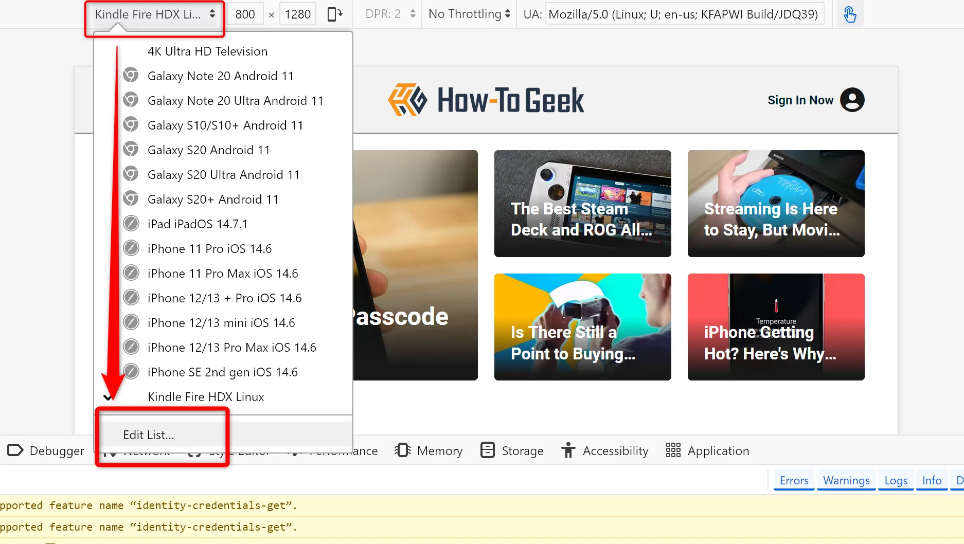 Mở công cụ Developer Tools của Firefox, chọn 'Responsive' và 'Edit List' để chỉnh sửa hoặc thêm thiết bị mô phỏng.