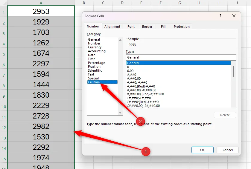 Mở hộp thoại Format Cells với định dạng Custom để tùy chỉnh hiển thị số trong Excel