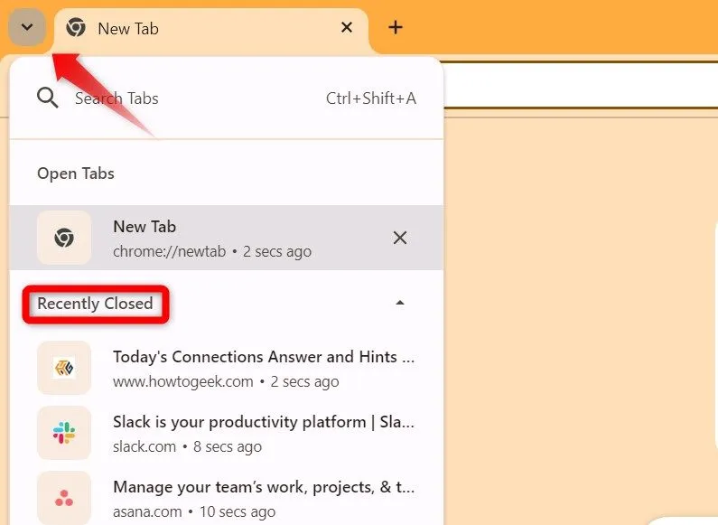 Mở lại các tab vừa đóng từ menu Tìm kiếm tab của Chrome