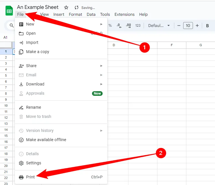 Mở menu Tệp và chọn In trong Google Sheets để cài đặt tiêu đề và chân trang