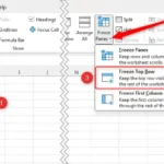 Mở rộng tùy chọn "Freeze Panes" trong Excel, với "Freeze Top Row" được đánh dấu.