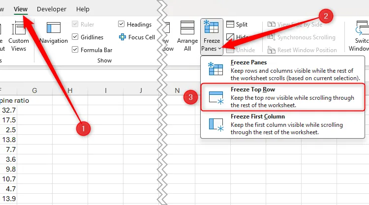Mở rộng tùy chọn "Freeze Panes" trong Excel, với "Freeze Top Row" được đánh dấu.