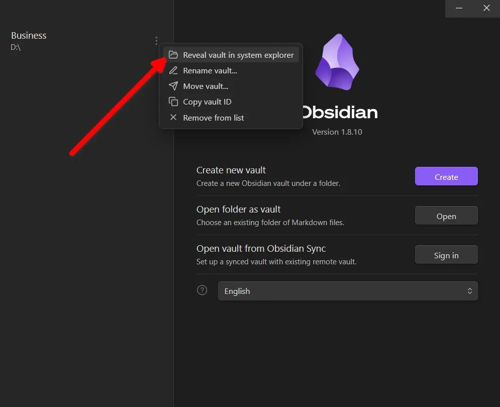 Mở thư mục vault của Obsidian trong Windows File Explorer