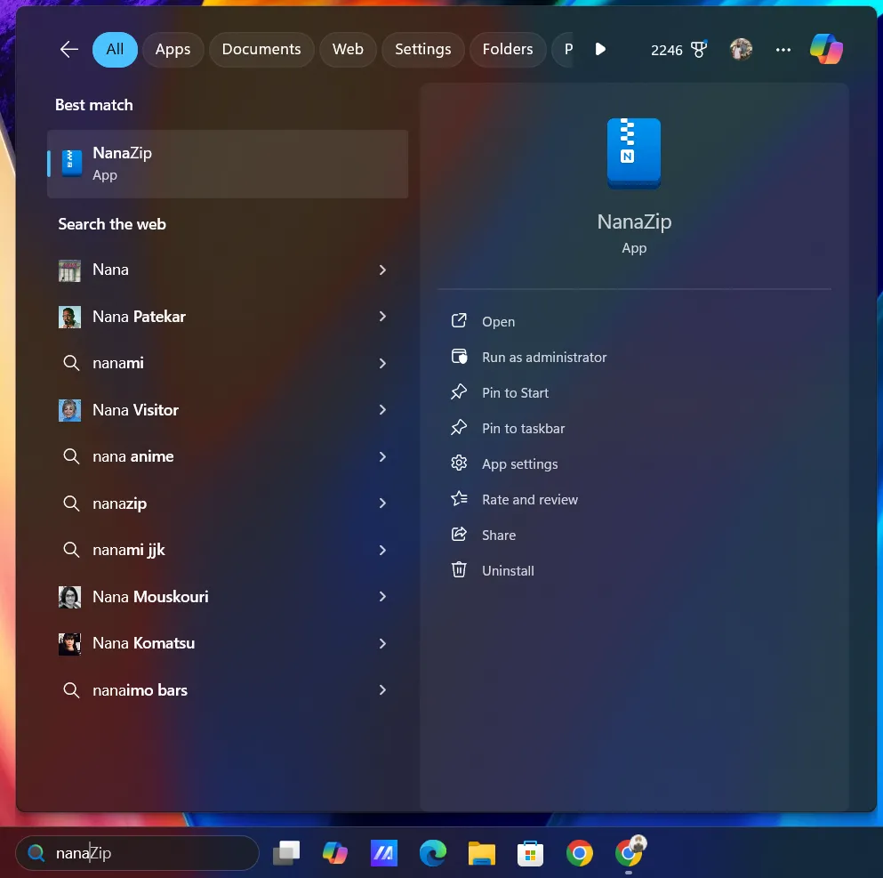 Mở ứng dụng NanaZip từ thanh tìm kiếm trên Windows 11 sau khi cài đặt