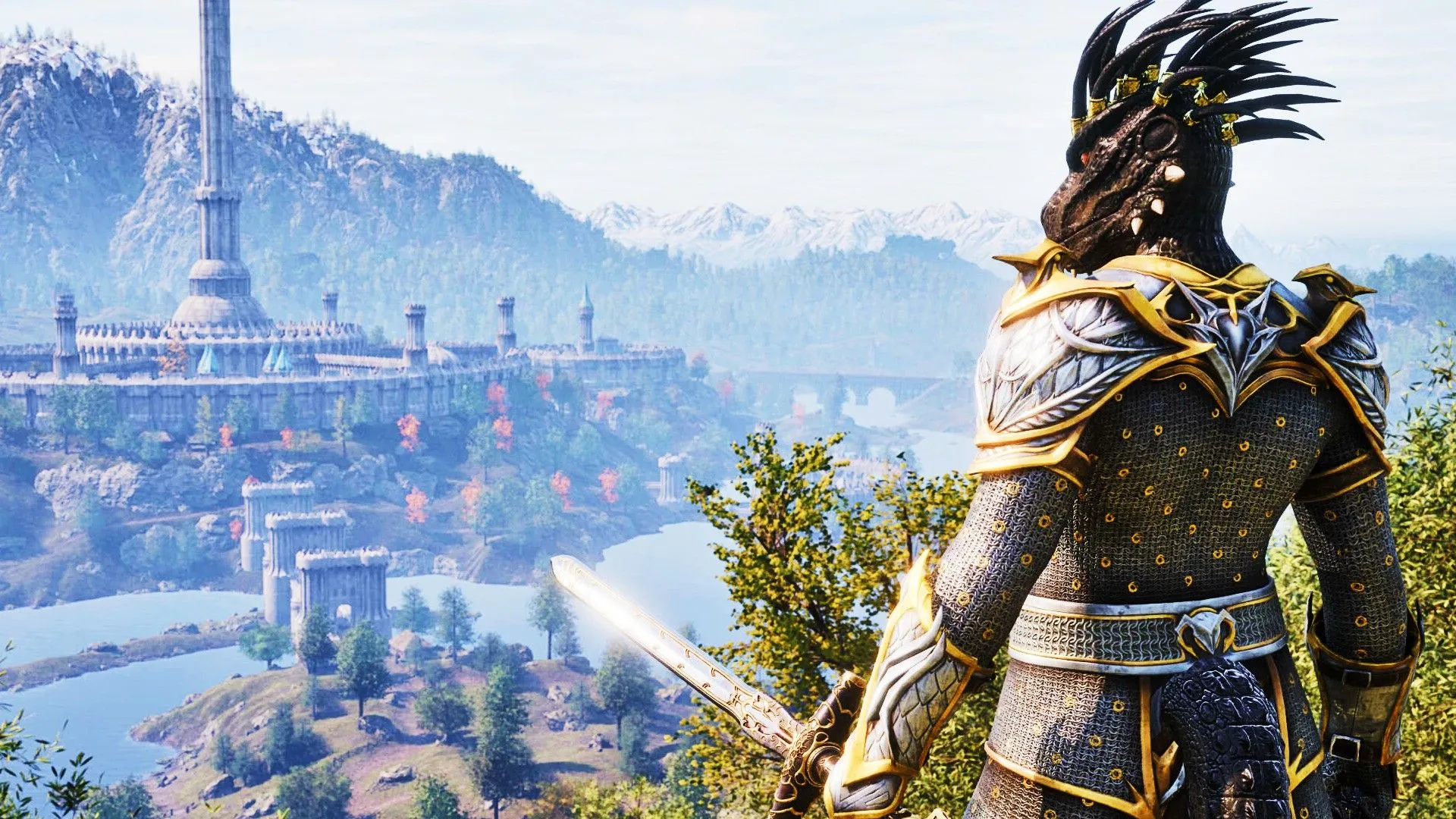 Một Argonian trong bộ giáp đầy đủ cầm kiếm đứng trước Thành phố Hoàng gia trong The Elder Scrolls IV Oblivion Remastered