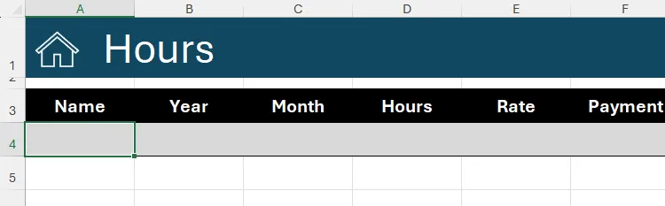 Một bảng dữ liệu trong Microsoft Excel với các tiêu đề cột nhưng chưa có dữ liệu, ô trống đầu tiên dưới cột &quot;Name&quot; đang được chọn để thiết lập xác thực dữ liệu.